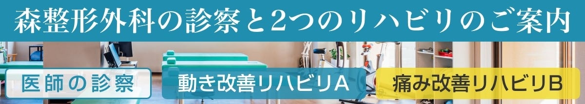 愛知県一宮市の森整形外科の診察と2つのリハビリのご案内のバナー