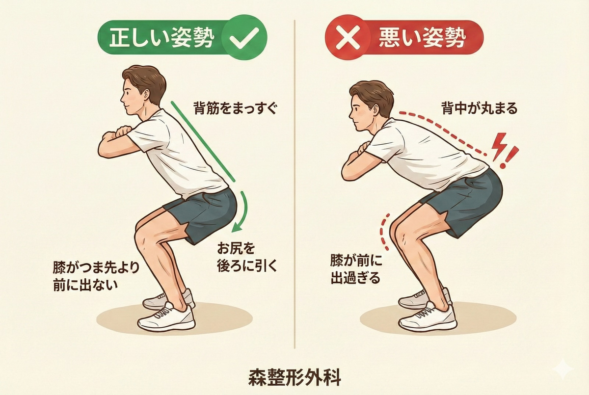 一宮市の森整形外科の正しいスクワットの姿勢の説明図